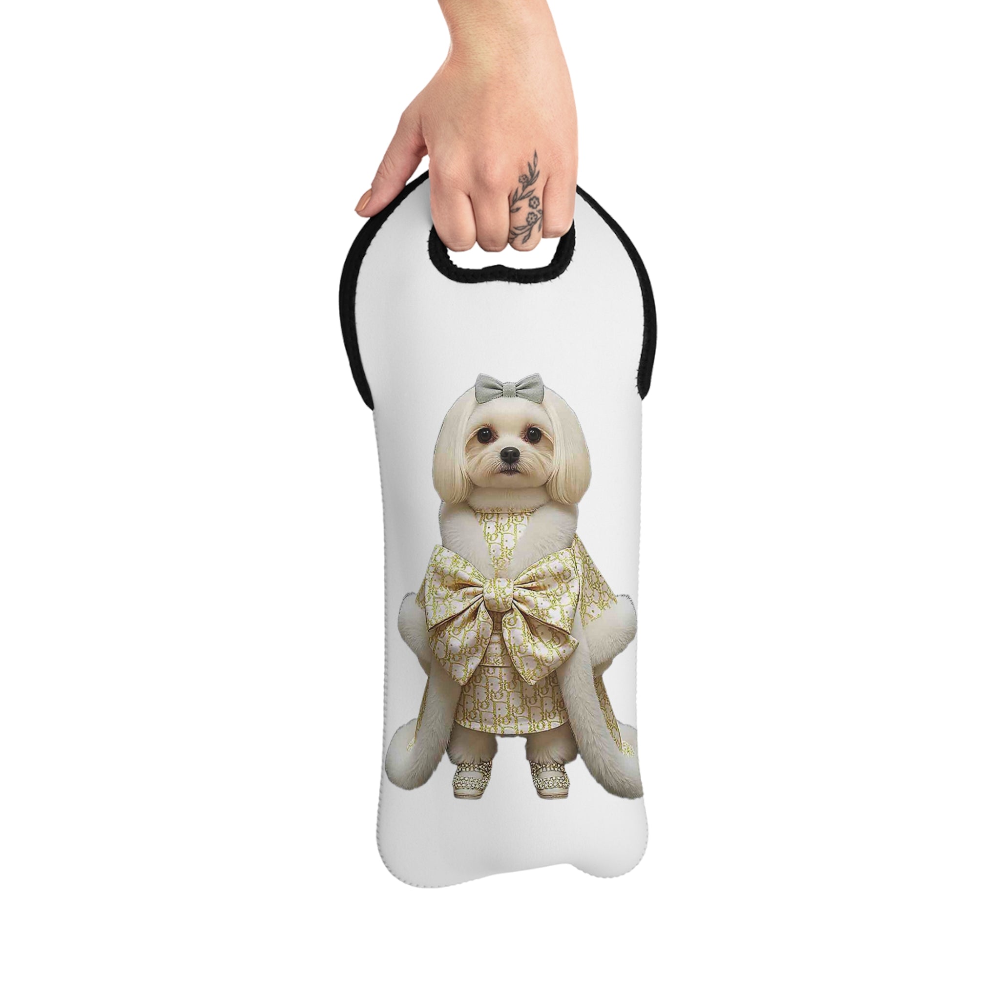 Elegant Gold-Dressed Dog Wine Tote — Luxury Neoprene Bottle Gift Bag