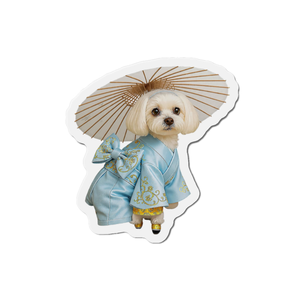 Dog in Kimono Die-Cut Magnet — Cute Maltese Puppy with Parasol Refrigerator Magnet