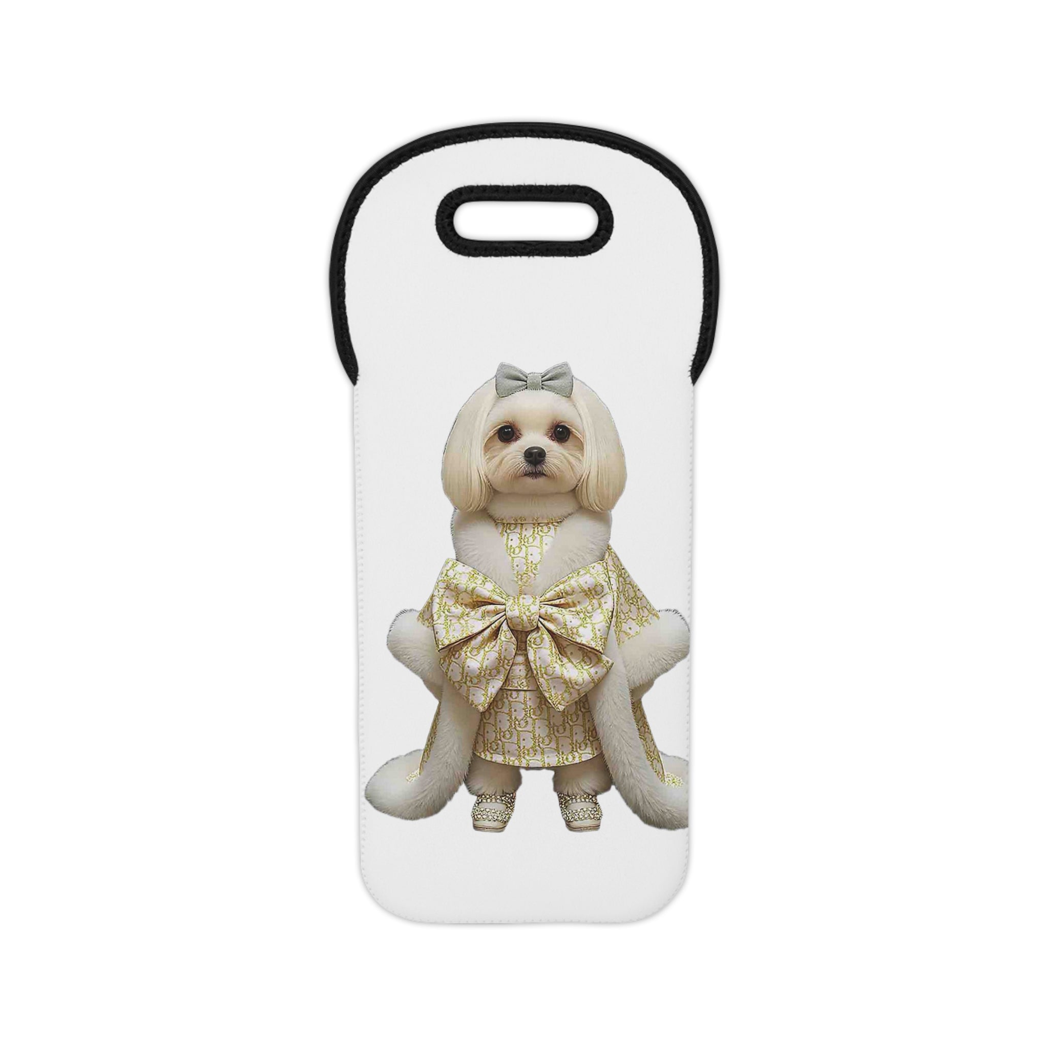 Elegant Gold-Dressed Dog Wine Tote — Luxury Neoprene Bottle Gift Bag