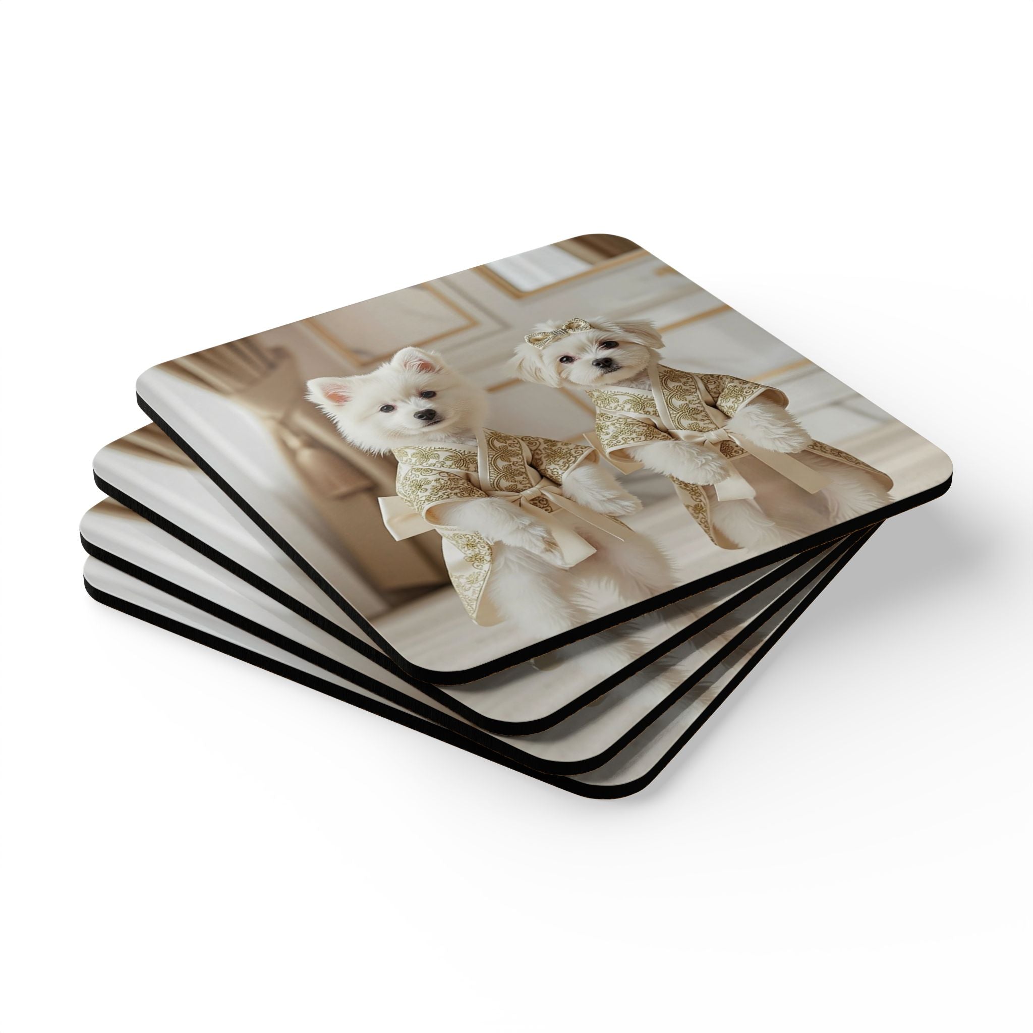 Luxury Puppy Corkwood Coaster Set – Elegant Dog Art Drink Coasters