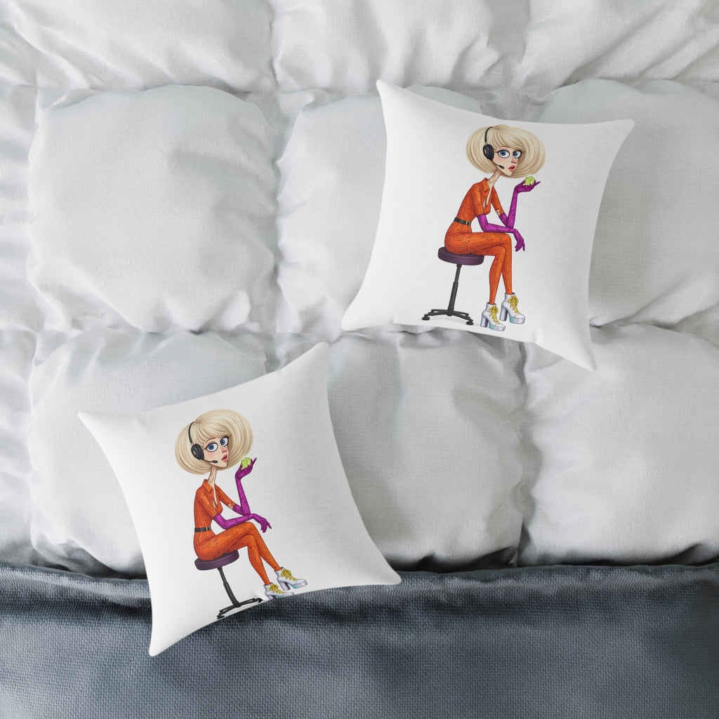 Cyberpunk Floating Character Pillow — Minimal Digital Art