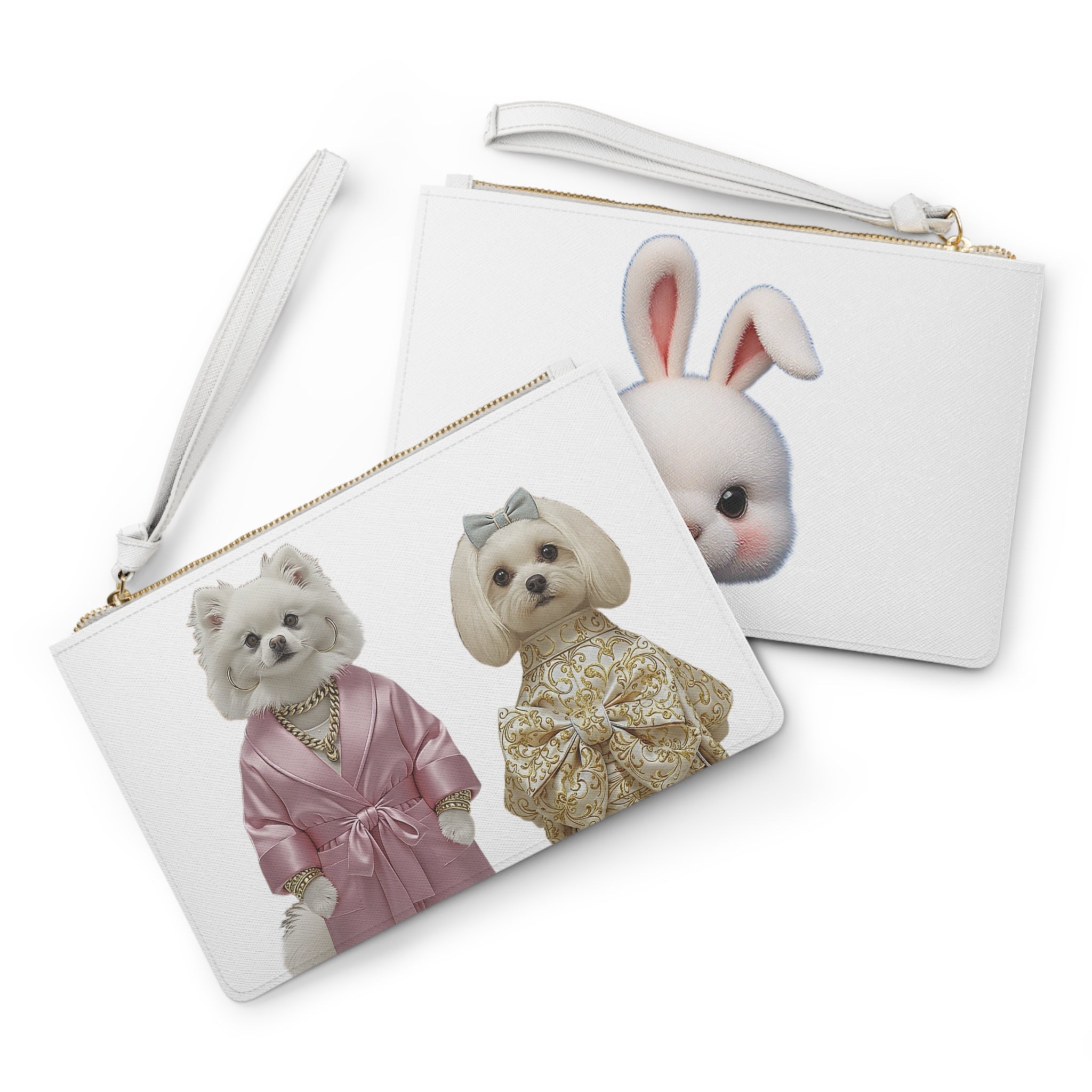 Double-Sided Dog & Bunny Wristlet Pouch – Cute Luxury Pet Art Zip Pouch