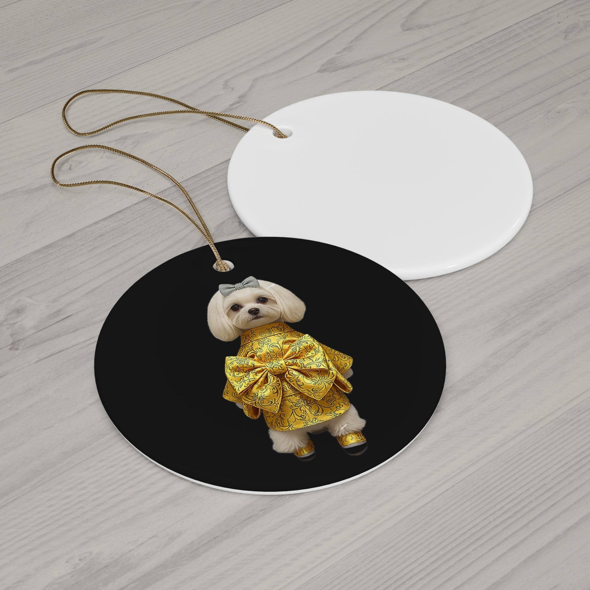 Dog in Gold Bow Ceramic Ornament — Cute Pet Christmas Ornament