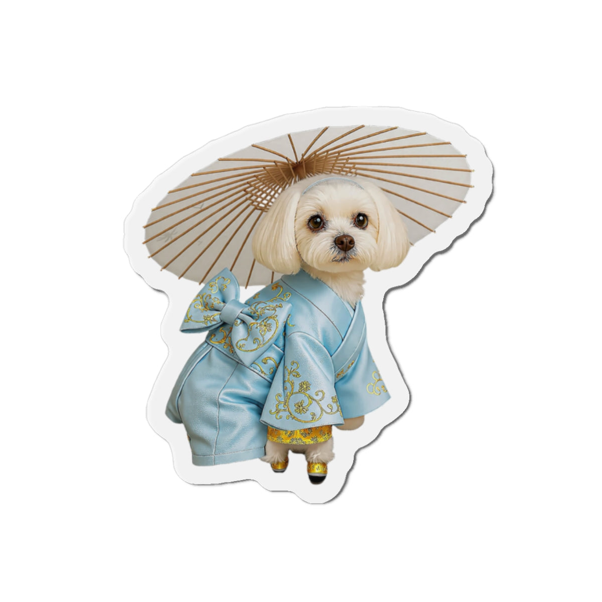 Dog in Kimono Die-Cut Magnet — Cute Maltese Puppy with Parasol Refrigerator Magnet