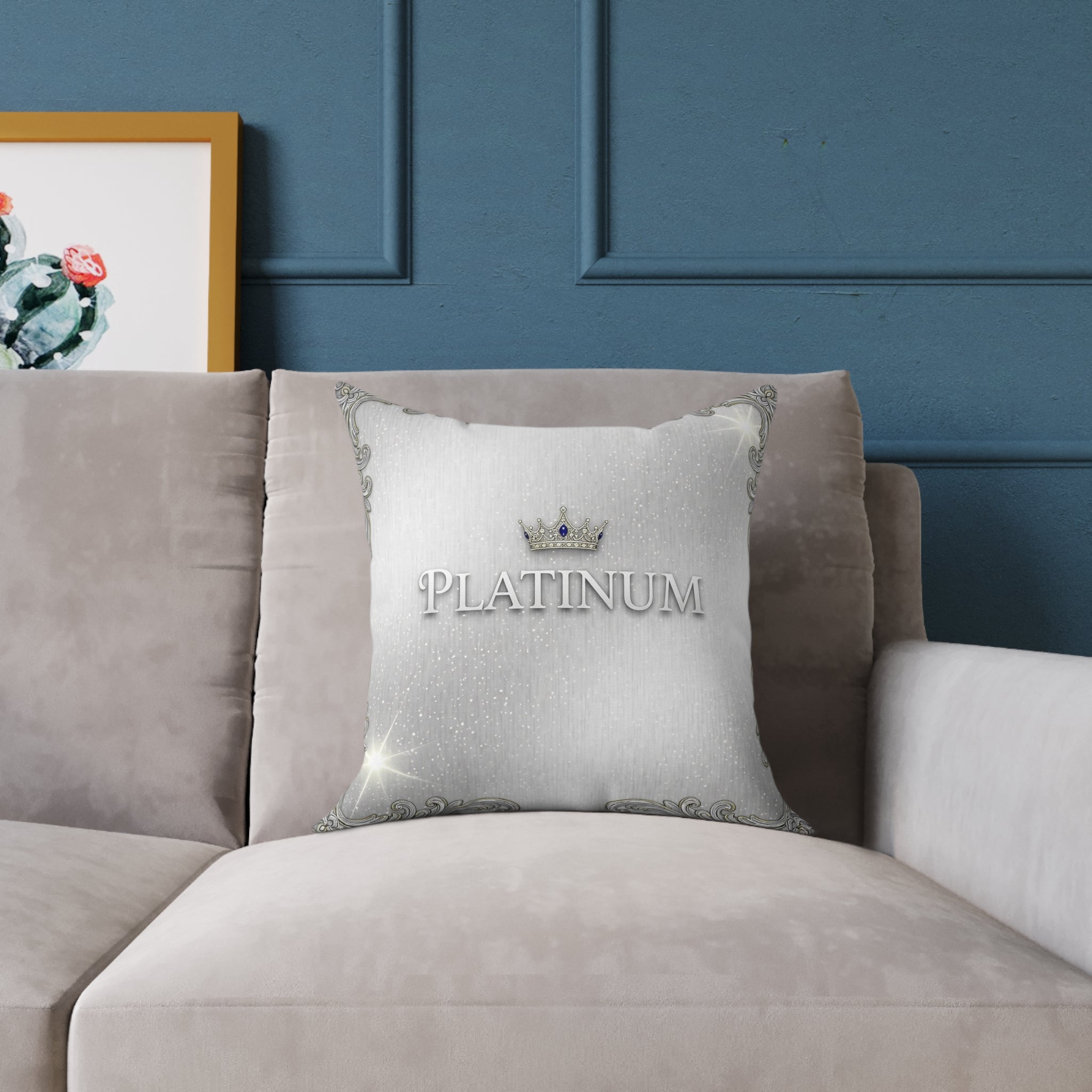 Platinum Crown Decorative Pillow — Luxury Silver Square Throw Pillow