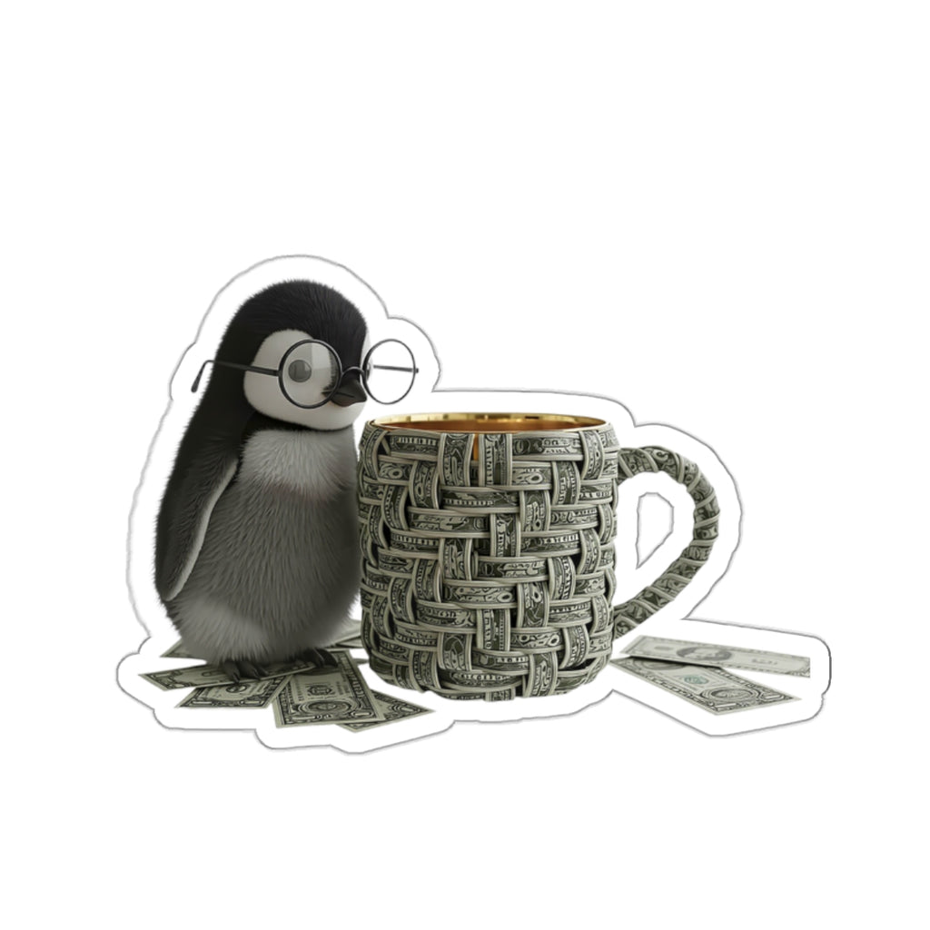 Cute Penguin with Coffee Die-Cut Sticker — Cozy Nerdy Penguin Illustration