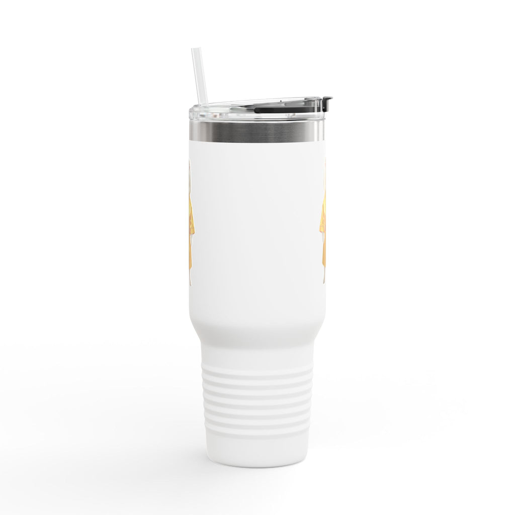 A tumbler that feels like walking with a royal Pomeranian in a golden hallway