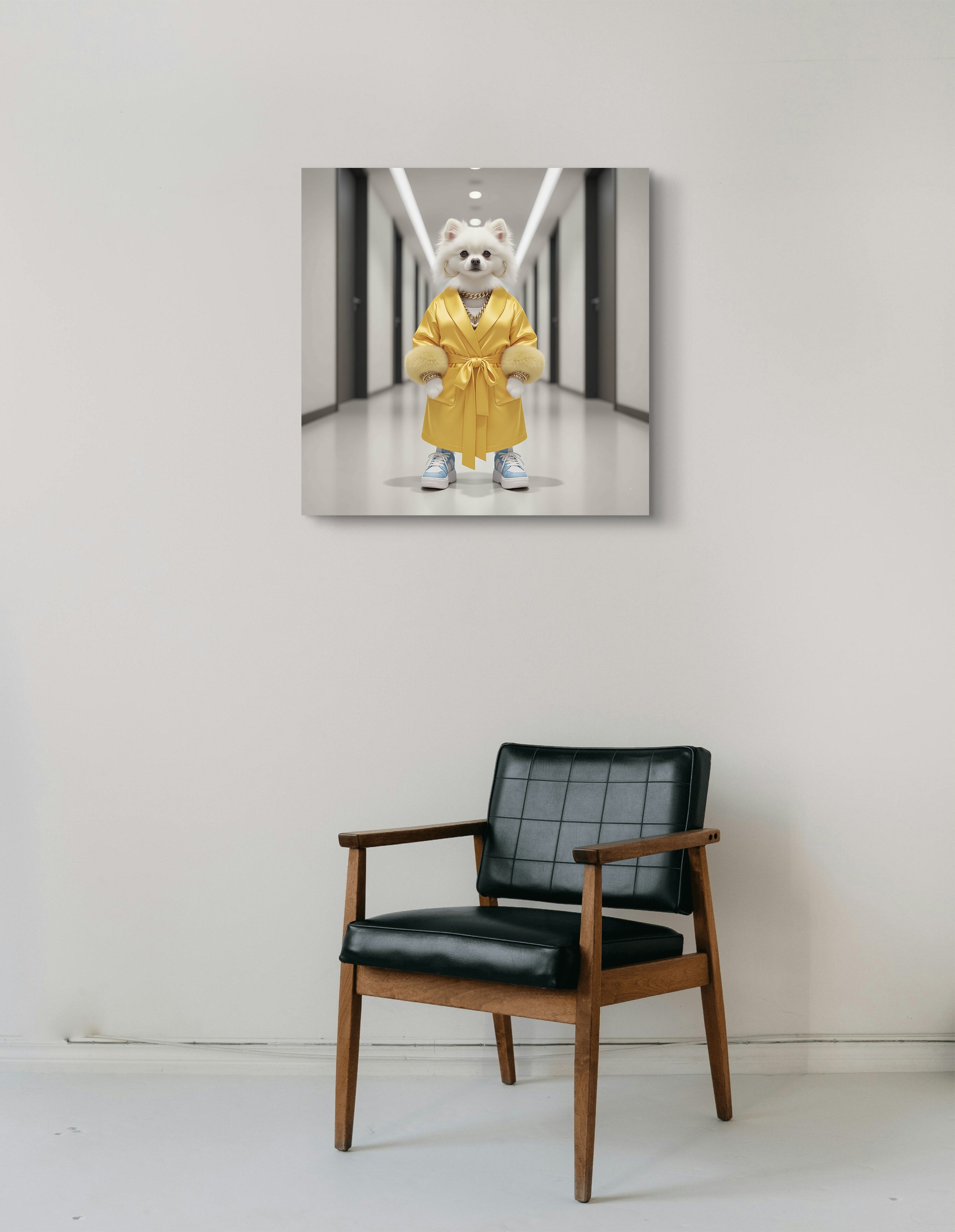 Luxury Gold Robe Dog Canvas Wall Art – Fashion Runway Style (36×36)
