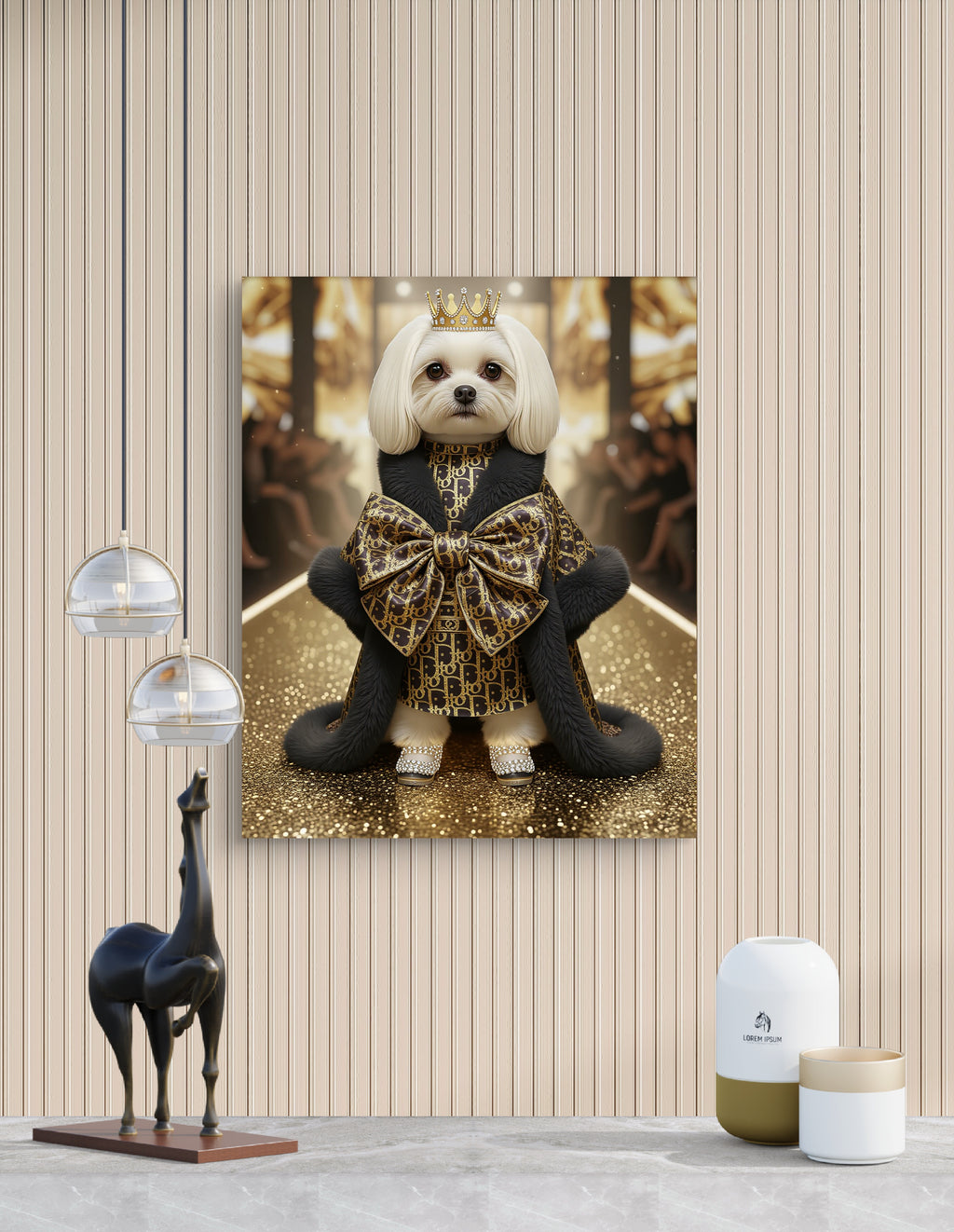 Royal Puppy Art Print — Gold Crowned Canine Satin Canvas