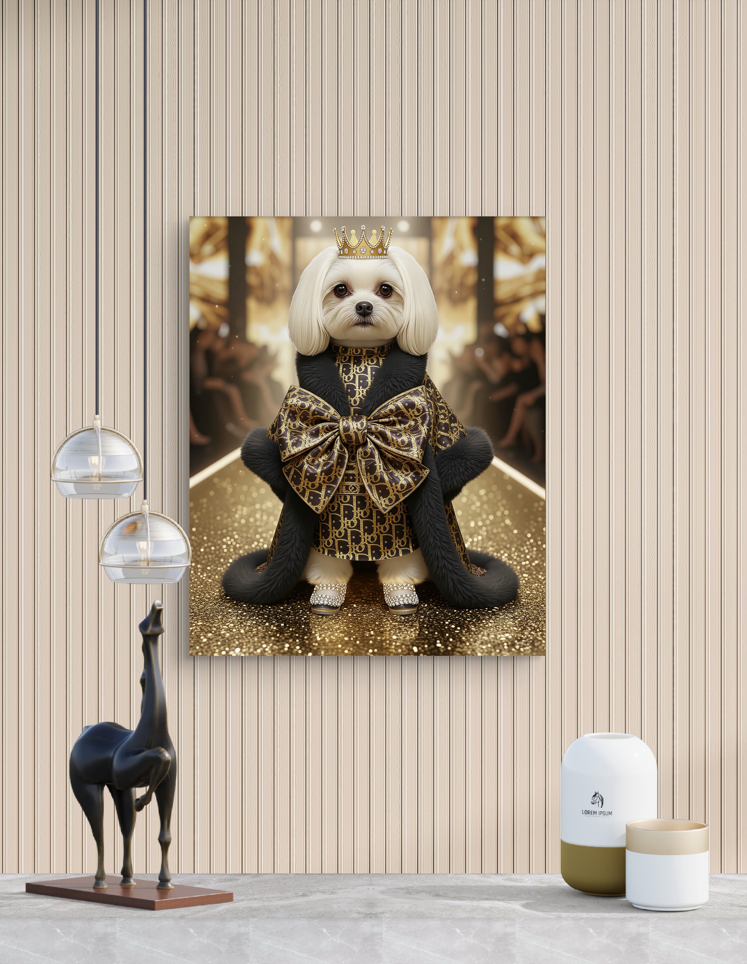 Royal Puppy Art Print — Gold Crowned Canine Satin Canvas