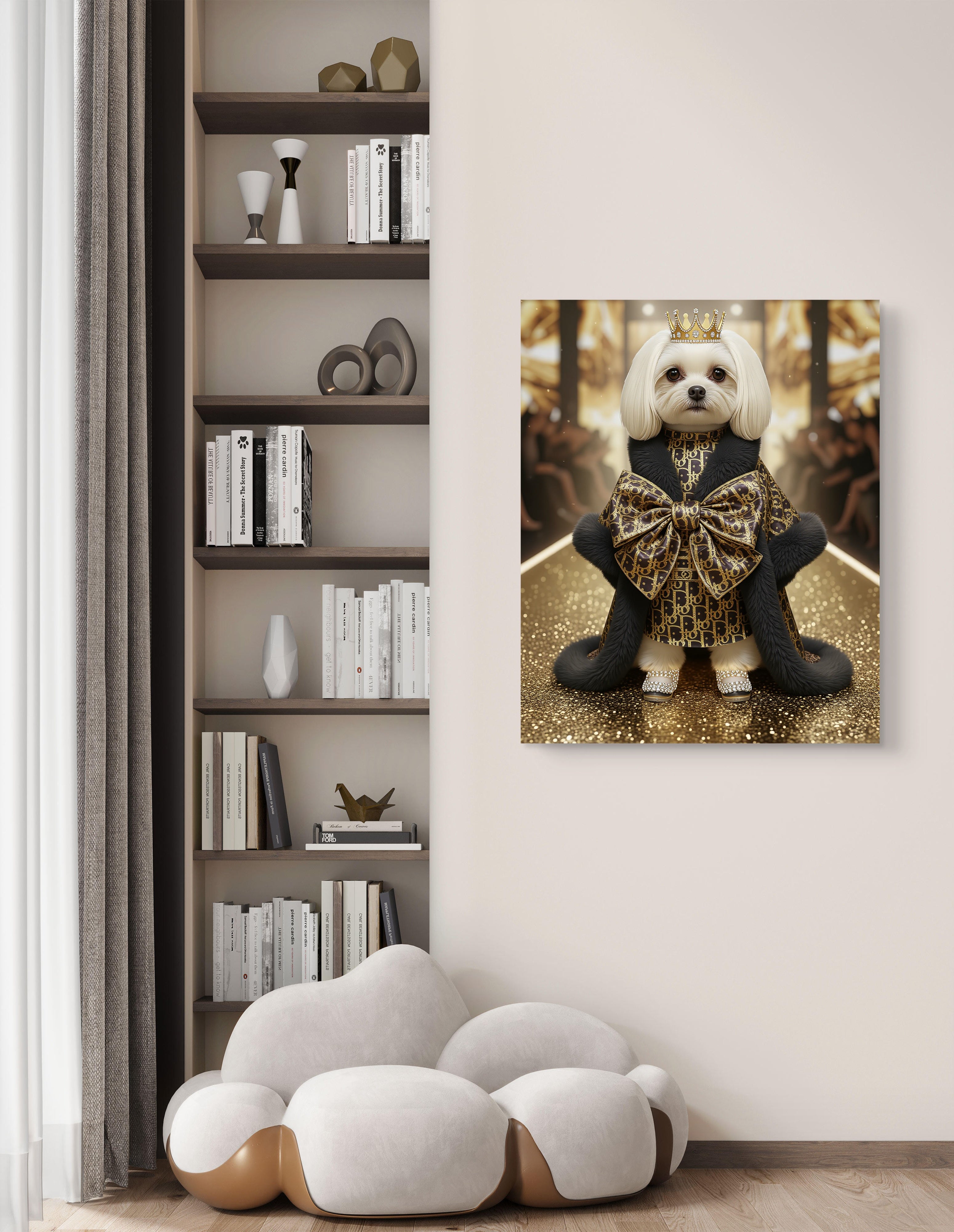 Royal Puppy Art Print — Gold Crowned Canine Satin Canvas
