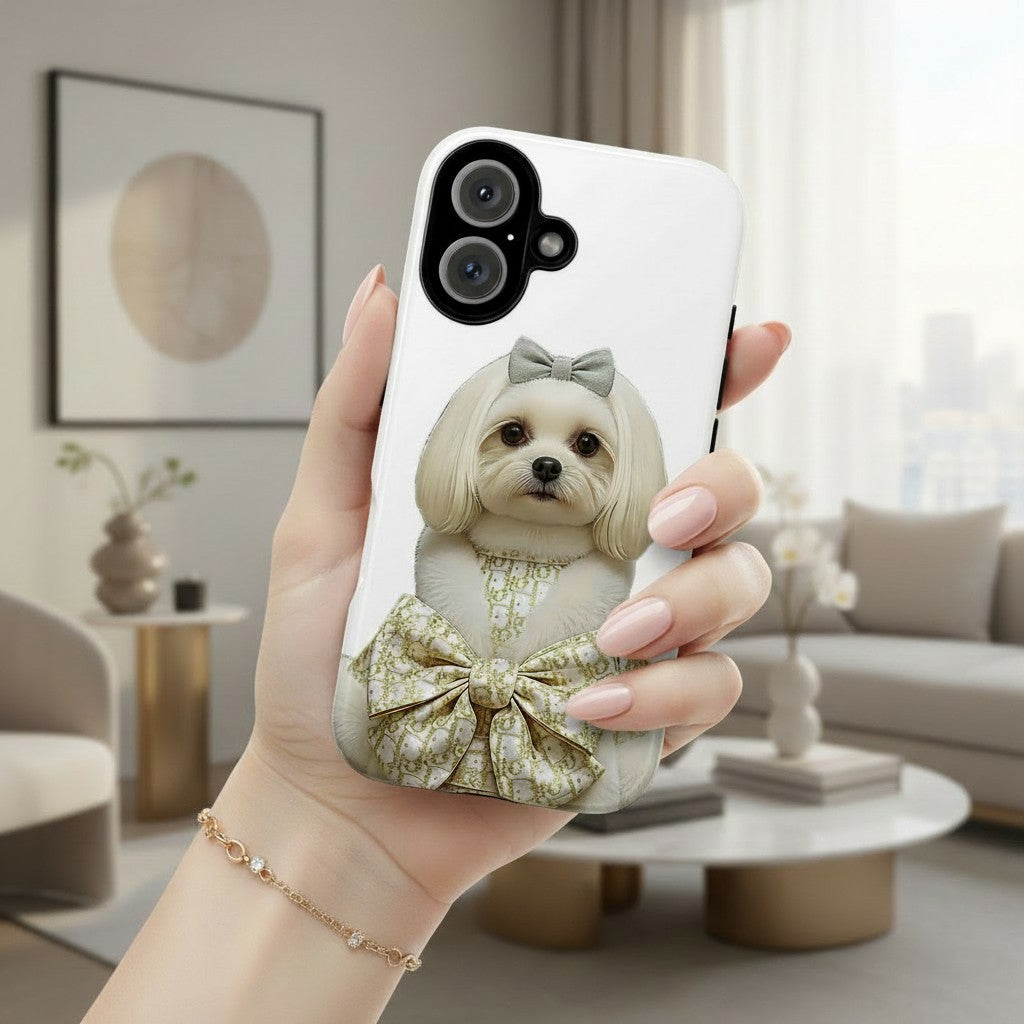 Luxury Princess Dog iPhone Case – Elegant White & Gold
