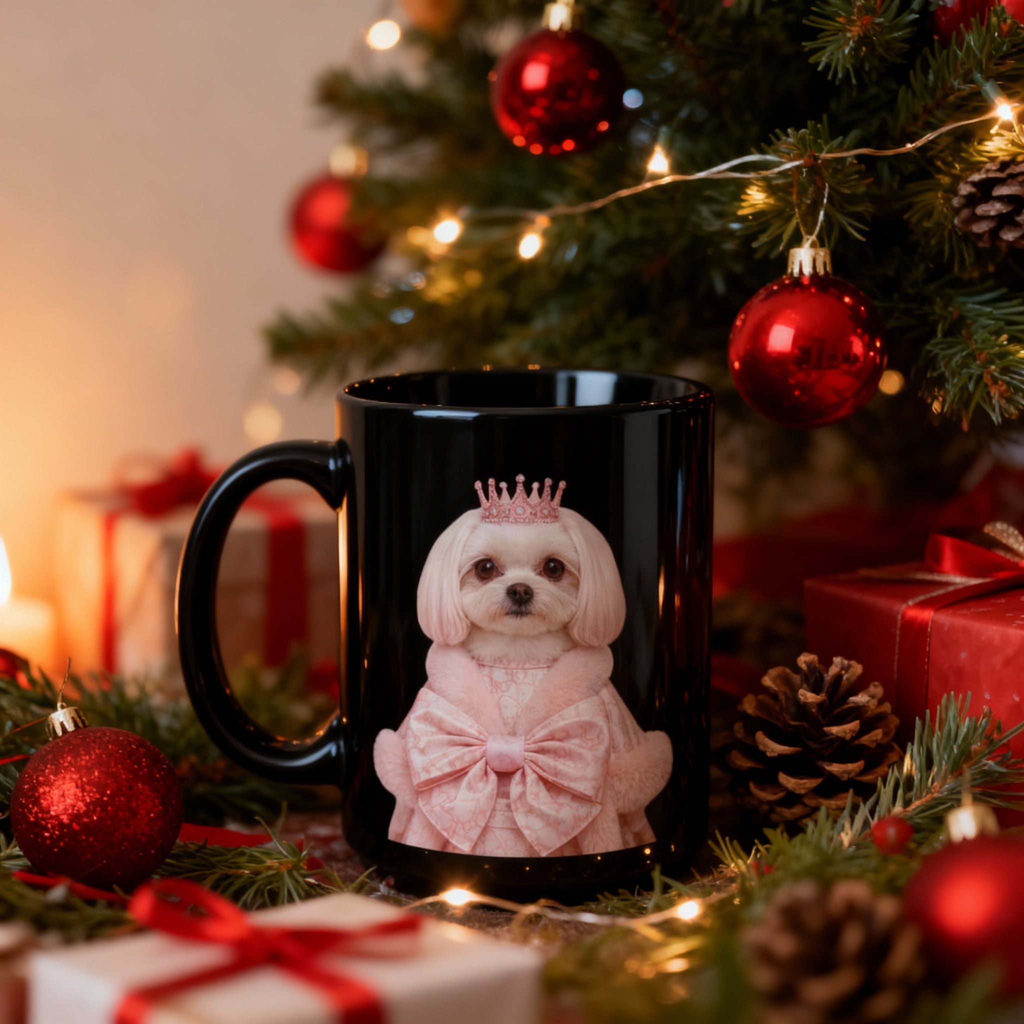 Black Ceramic Mug — Princess Dog Pink Illustration (15oz)