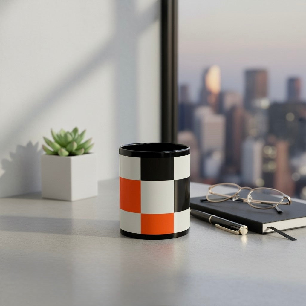 Modern Checkerboard Ceramic Mug | Black Cream Orange Coffee Cup