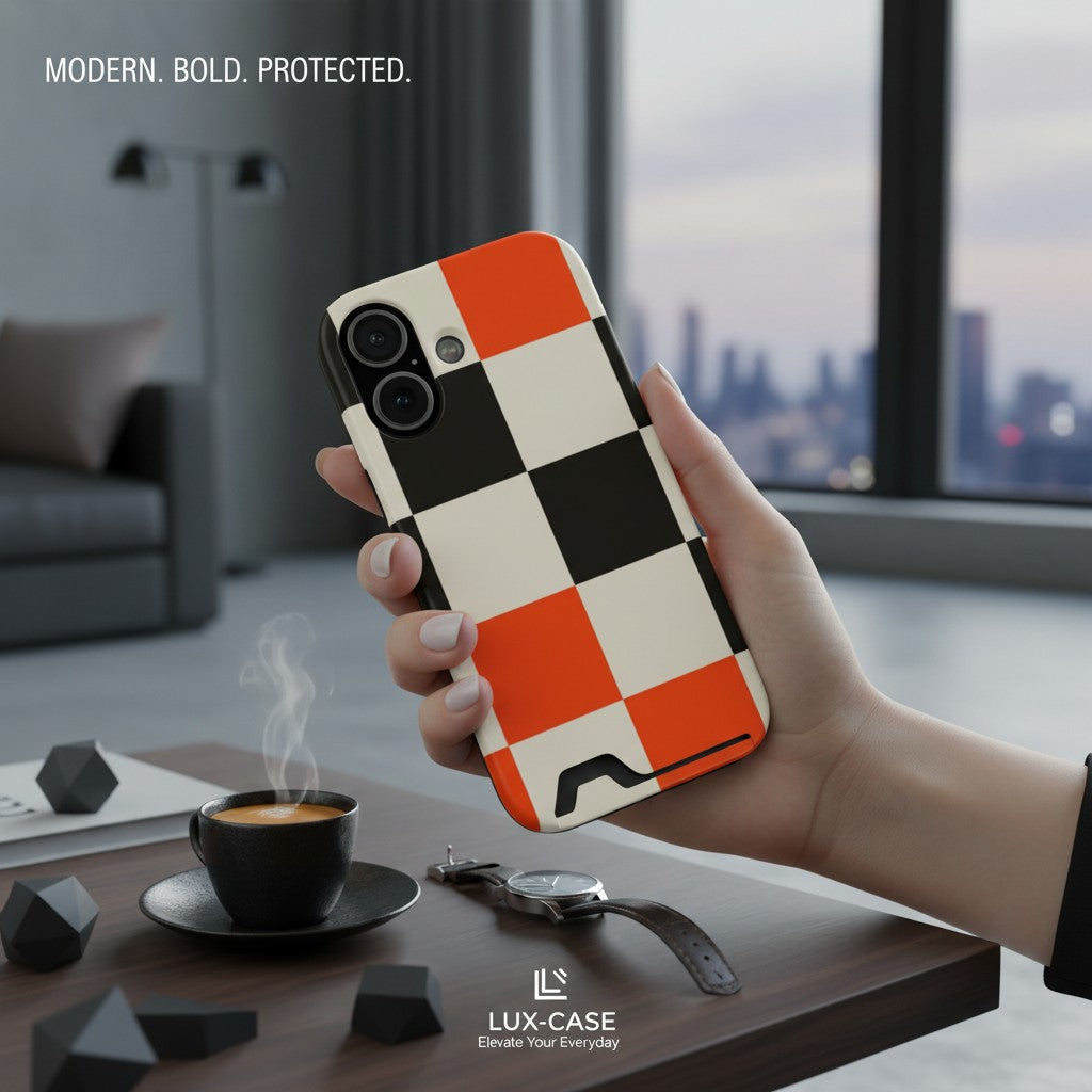 Checkerboard Phone Case – Black, Cream & Orange Geometric iPhone Case