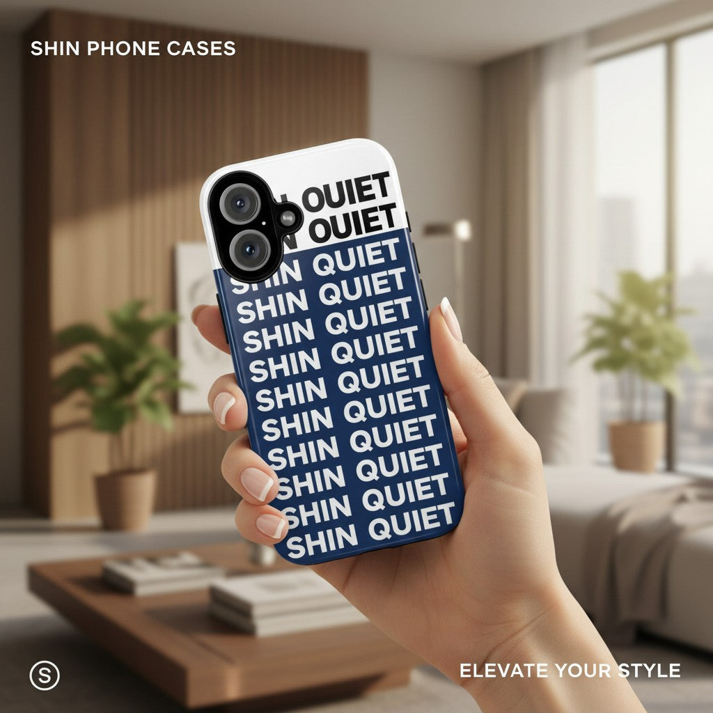 Minimalist "SHIN QUIET" Phone Case — Navy & White Typography