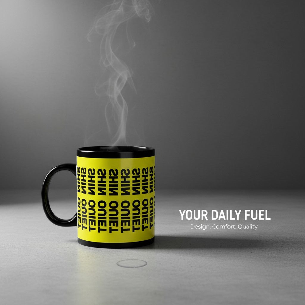Black Coffee Mug — Bold Yellow "Shh Quiet" Repeating Text Design (11oz/15oz)