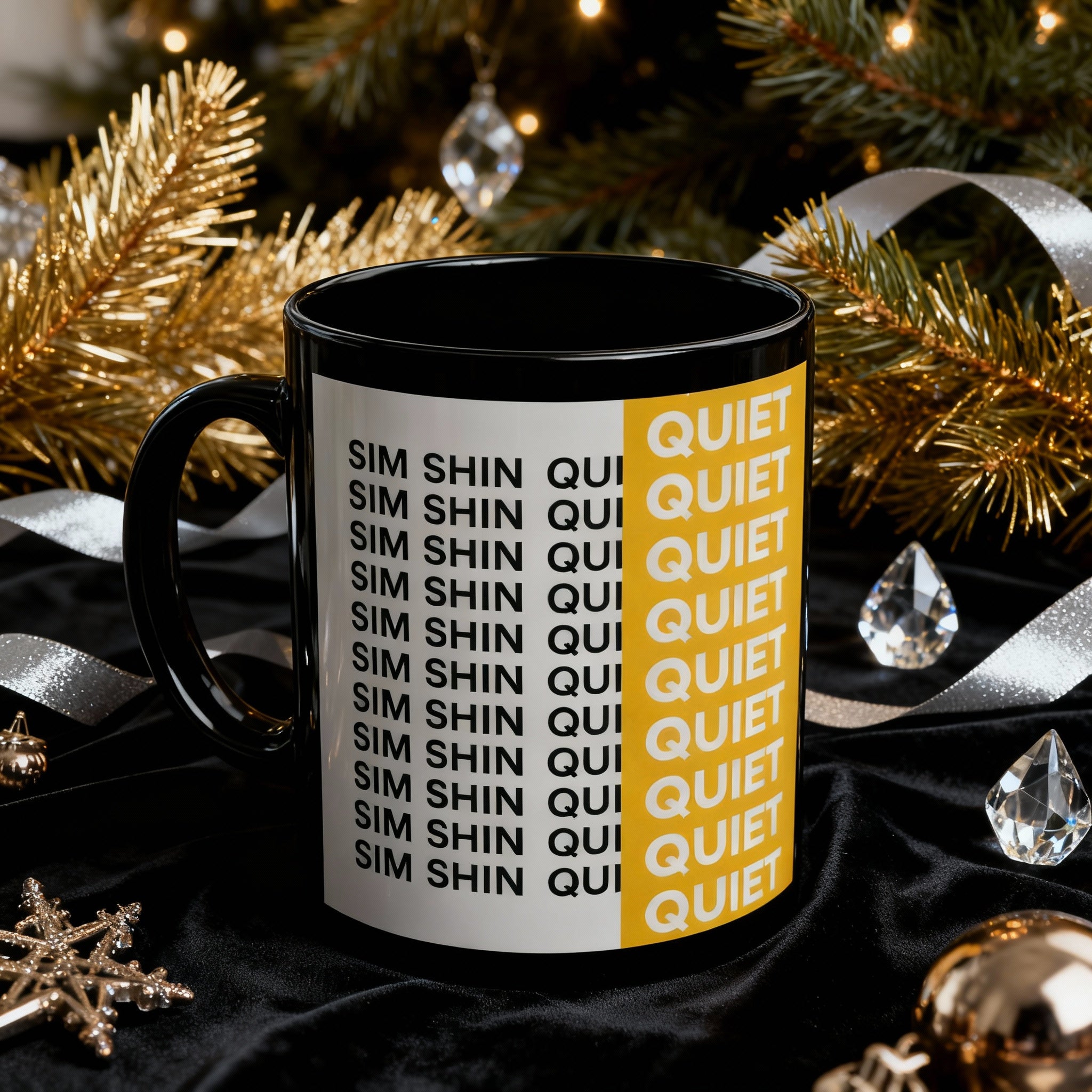 SIM SHIN QUIET Black Ceramic Mug — Minimal Typographic Design with Yellow Accent (11oz/15oz)