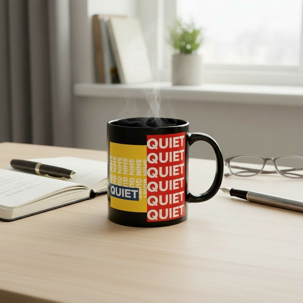 Quiet Typography Black Mug — 'Quiet Isn’t Empty' Bold Yellow & Red