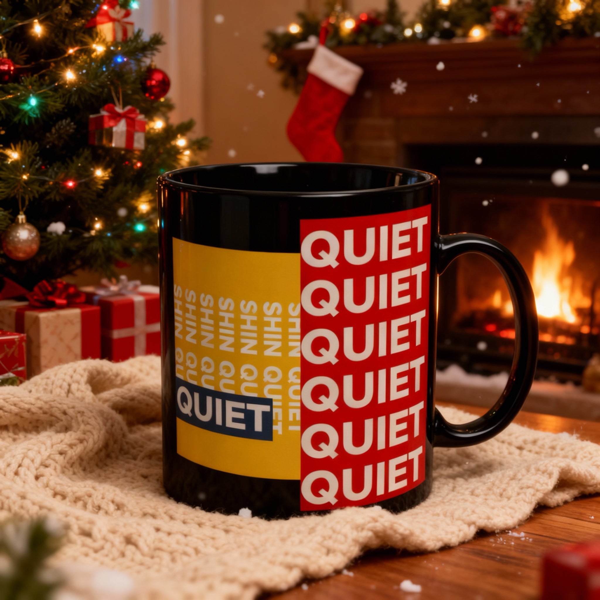 Quiet Typography Black Mug — 'Quiet Isn’t Empty' Bold Yellow & Red
