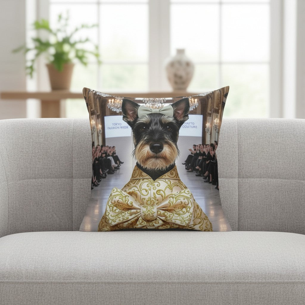 Runway Dog Portrait Square Pillow — Gold-Detail Decorative Throw Cushion