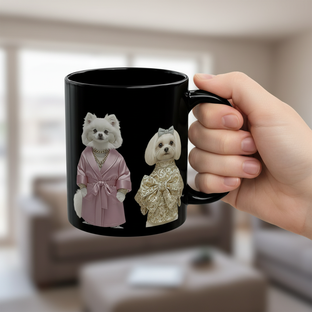 Elegant Dogs in Robes Black Ceramic Mug — Fashionable Dog Lover Gift (11oz/15oz)