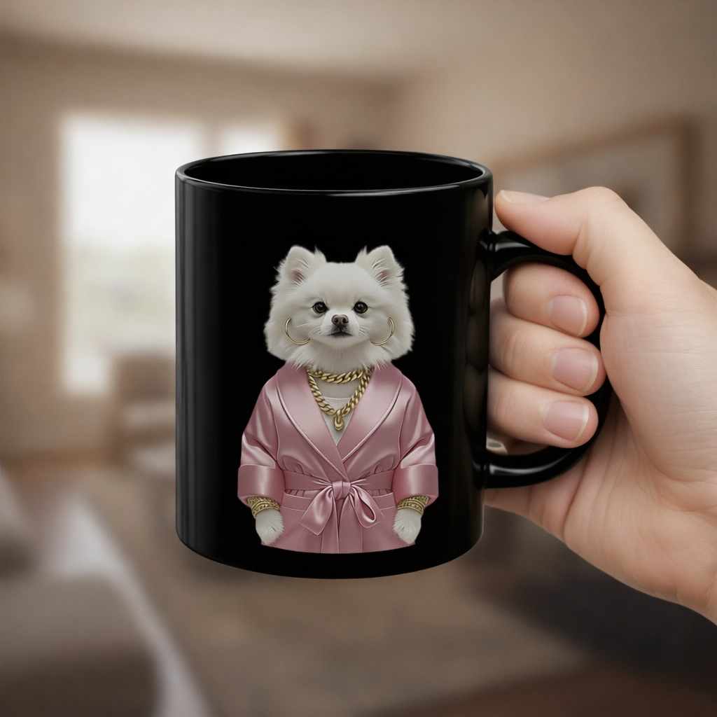 Pomeranian in Pink Robe Black Mug — Minimal Elegant Coffee Cup