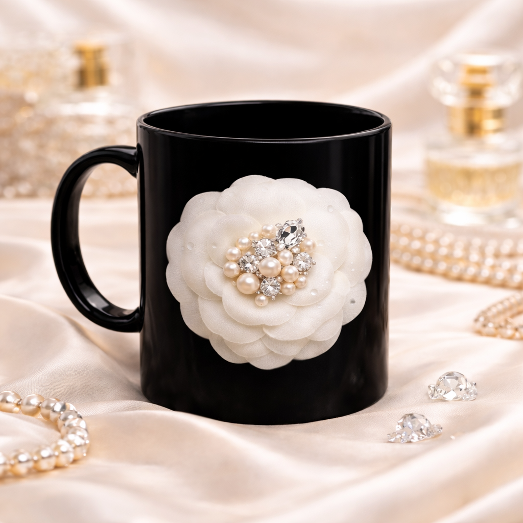Black Camellia Pearl Mug – Elegant Floral Statement