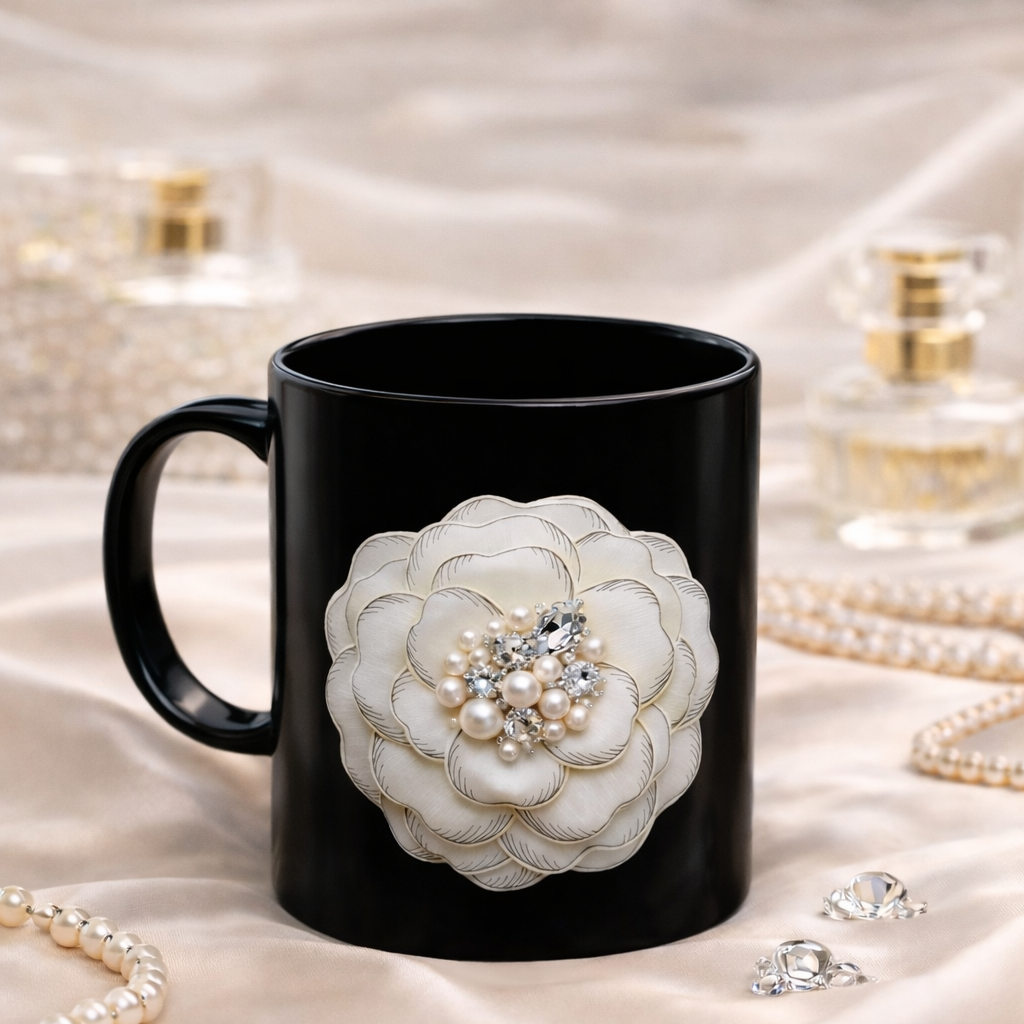 Black Camellia Pearl Mug – Elegant Floral Design