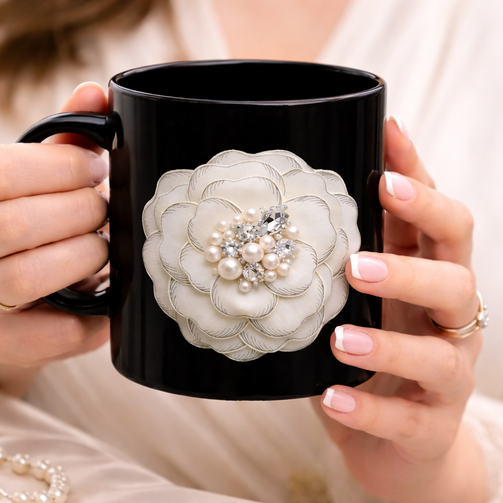 Black Camellia Pearl Mug – Elegant Floral Design