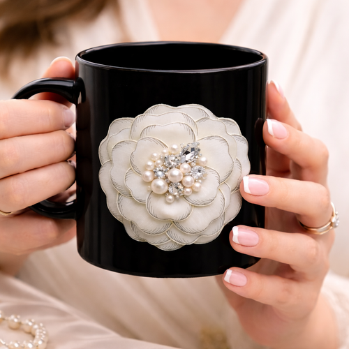 Black Camellia Pearl Mug – Elegant Floral Design