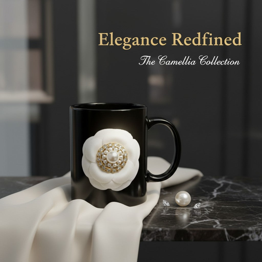 Black Ceramic Mug — Camellia Pearl Floral Design (Elegant Coffee & Tea Gift)