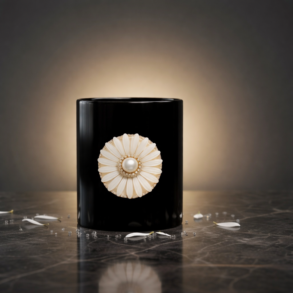 Pearl Daisy Black Mug — Subtle Glossy Ceramic Coffee Cup (11oz/15oz)