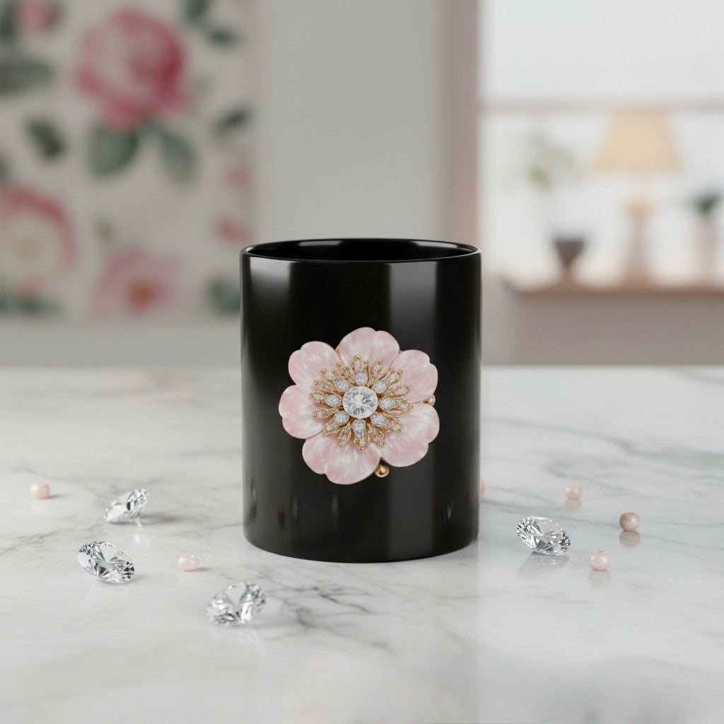 Black Floral Crystal Mug — Elegant Pink Flower Ceramic Coffee Cup (11oz/15oz)