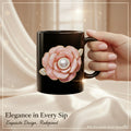 Glossy Black Mug — Pink Camellia with Pearl Accent | Elegant Everyday Coffee Cup
