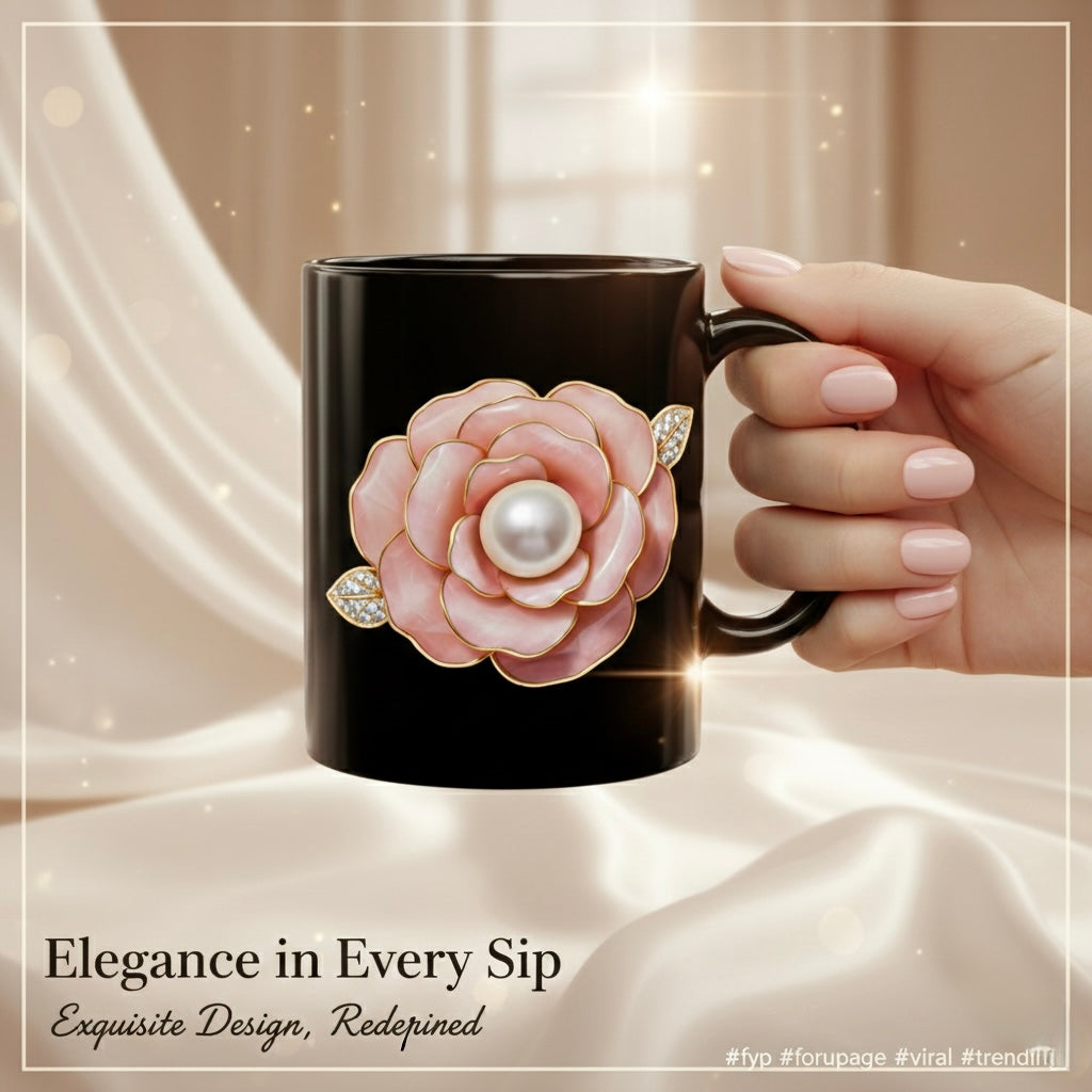 Glossy Black Mug — Pink Camellia with Pearl Accent | Elegant Everyday Coffee Cup