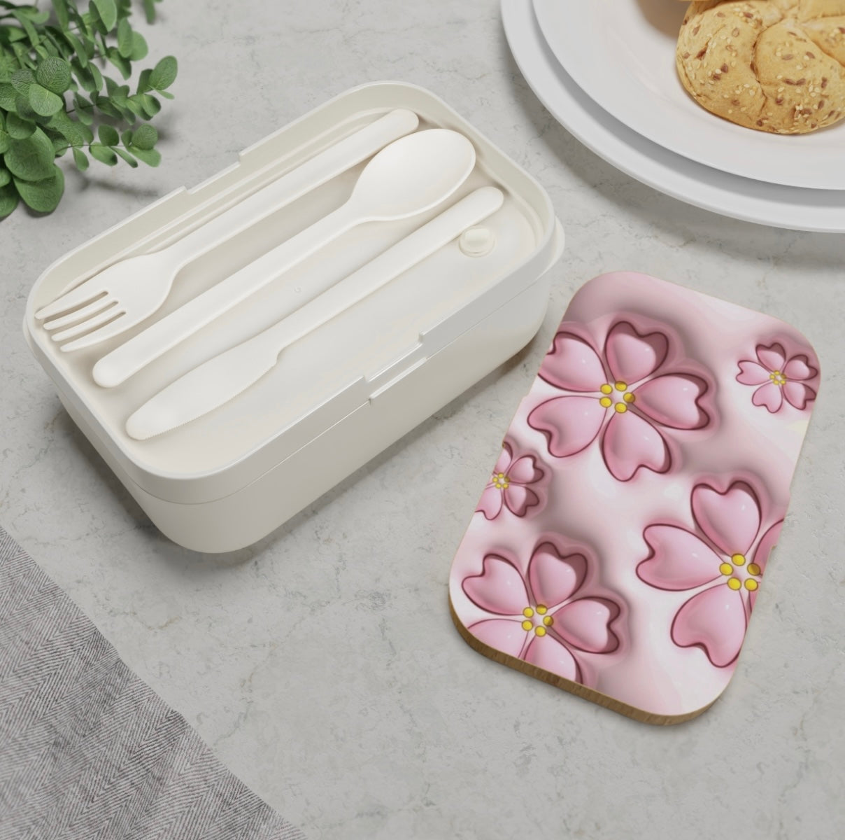Soft Pink Floral Bento Lunch Box — Lightweight 3-Compartment Meal Prep Box