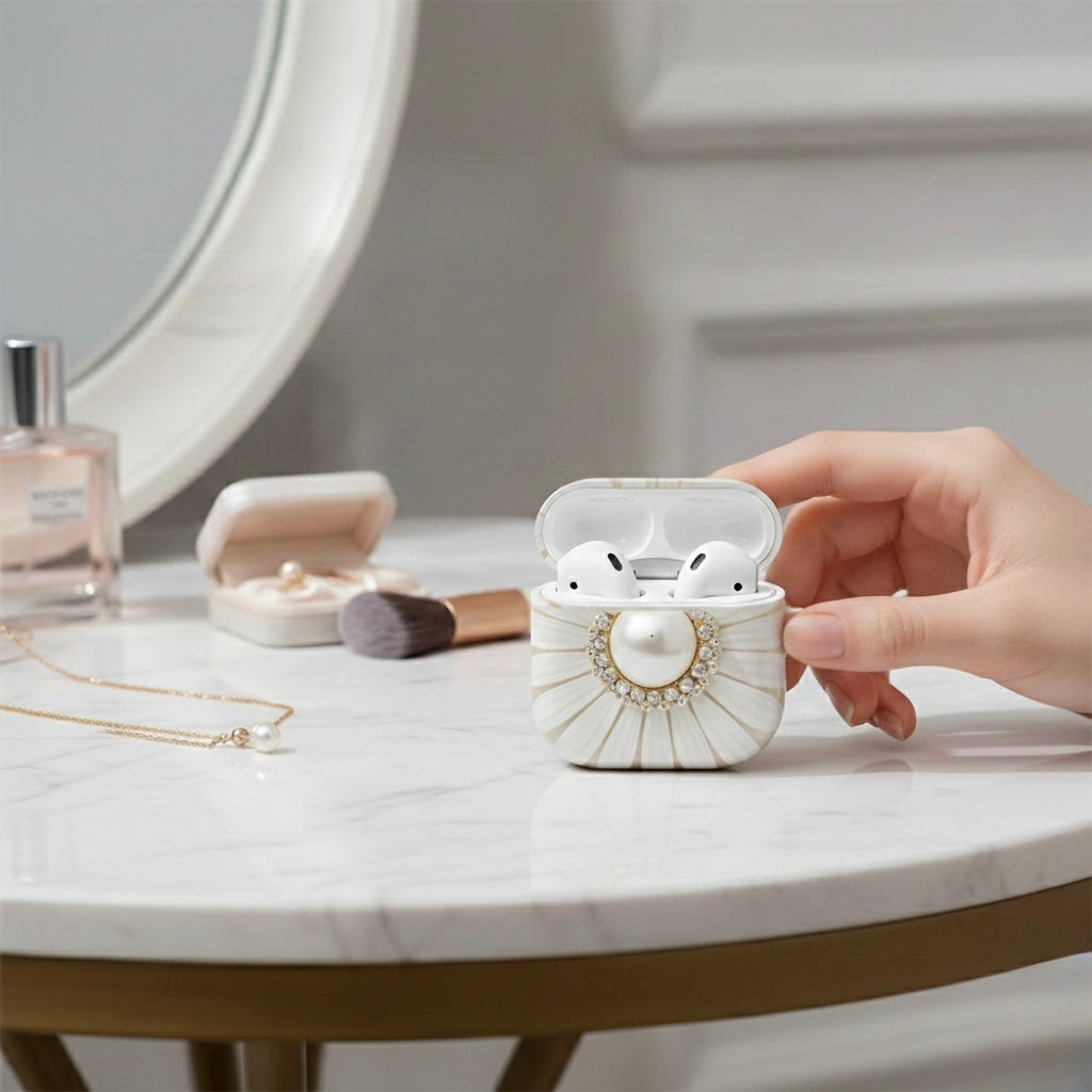 Elegant Pearl & Ivory Shell AirPod Case — Quiet Luxury with Gold Detail