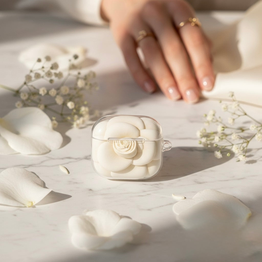 White Camellia AirPod Case — Elegant Transparent Floral Design