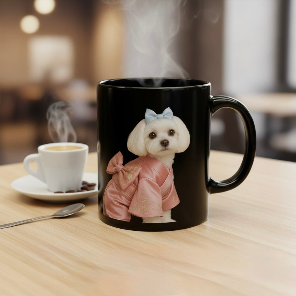 Black Ceramic Mug — Puppy in Pink Hanbok | Quietly Cute, Elegant Coffee Cup (11oz/15oz)