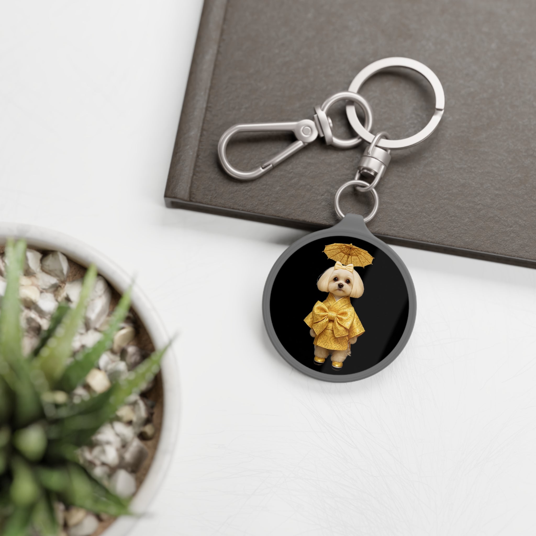 Luxury Dog Keyring | Gold Bow Puppy on Black Round Charm