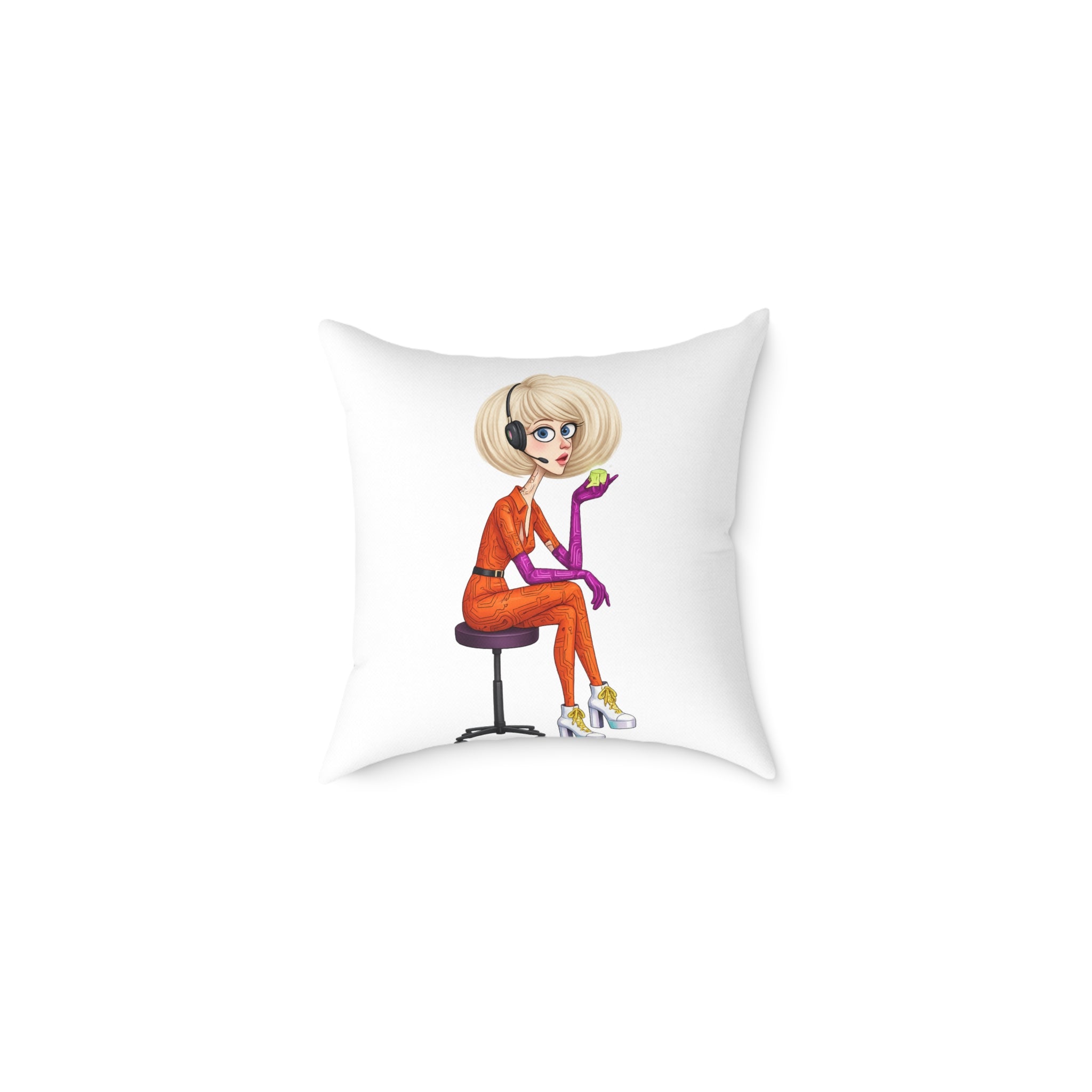 Cyberpunk Floating Character Pillow — Minimal Digital Art