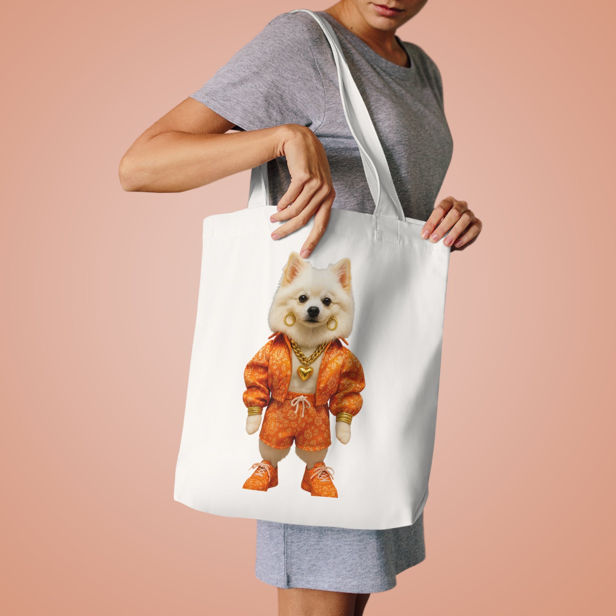 Tote Bag — Cute Pomeranian in Orange Tracksuit Cotton Market Tote