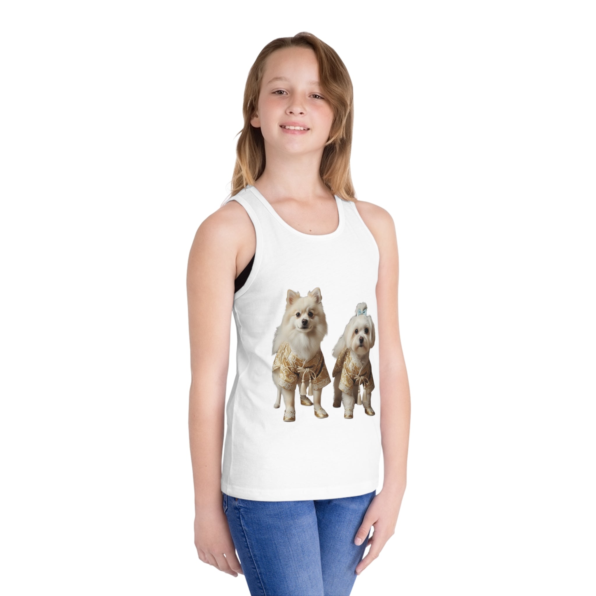 Kids Tank Top — Cute Pomeranian Puppies in Gold Outfits