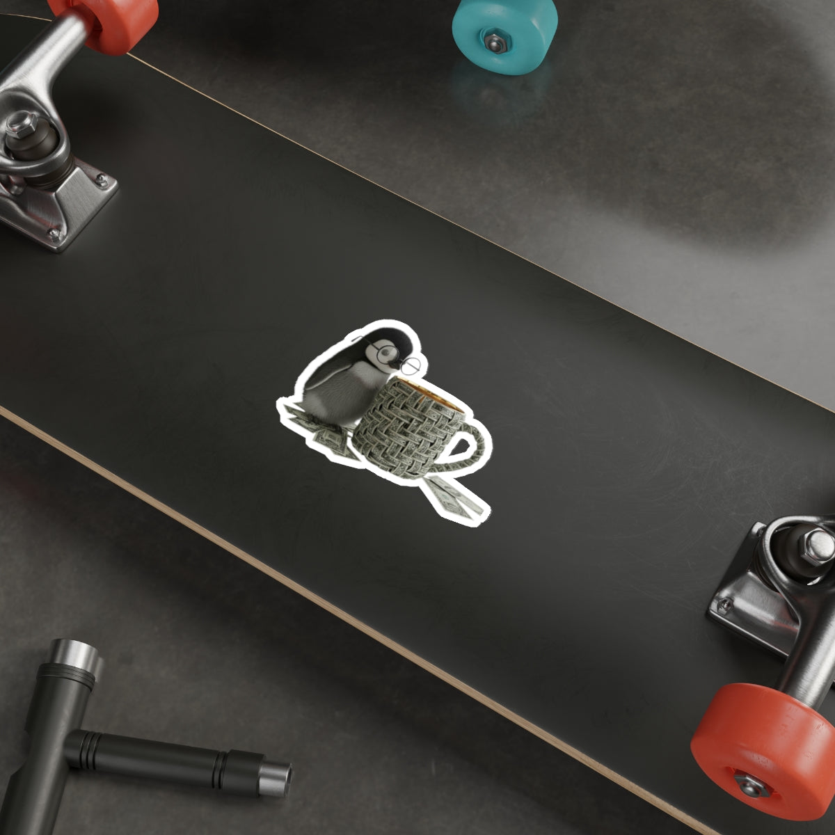 Cute Penguin with Coffee Die-Cut Sticker — Cozy Nerdy Penguin Illustration