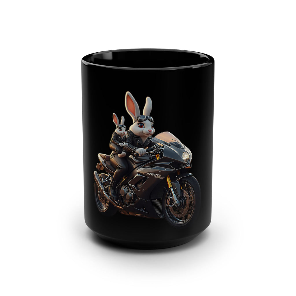 Duo Bunny Rider Motorcycle Art Mug — 15oz Black Ceramic