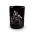 Duo Bunny Rider Motorcycle Art Mug — 15oz Black Ceramic