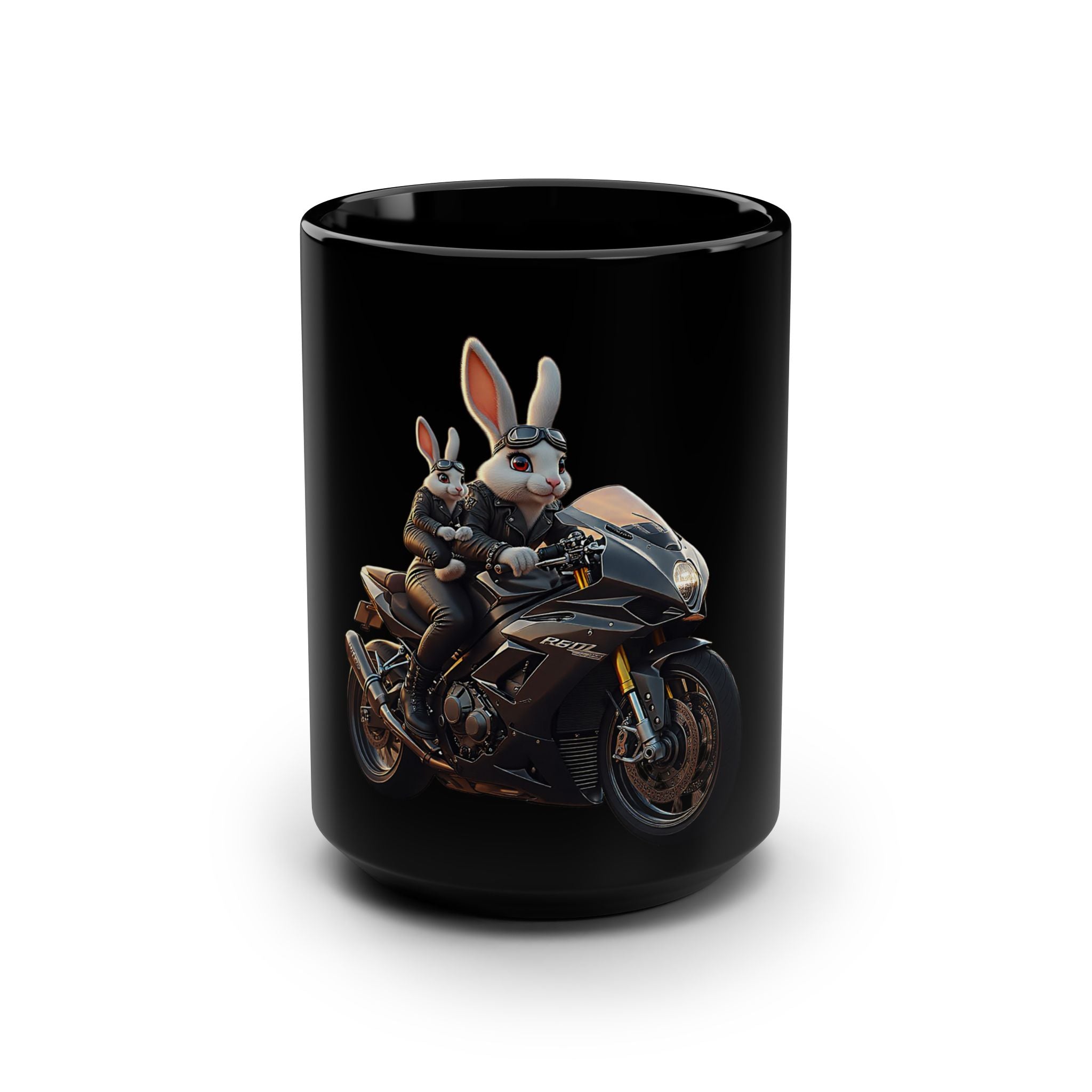 Duo Bunny Rider Motorcycle Art Mug — 15oz Black Ceramic