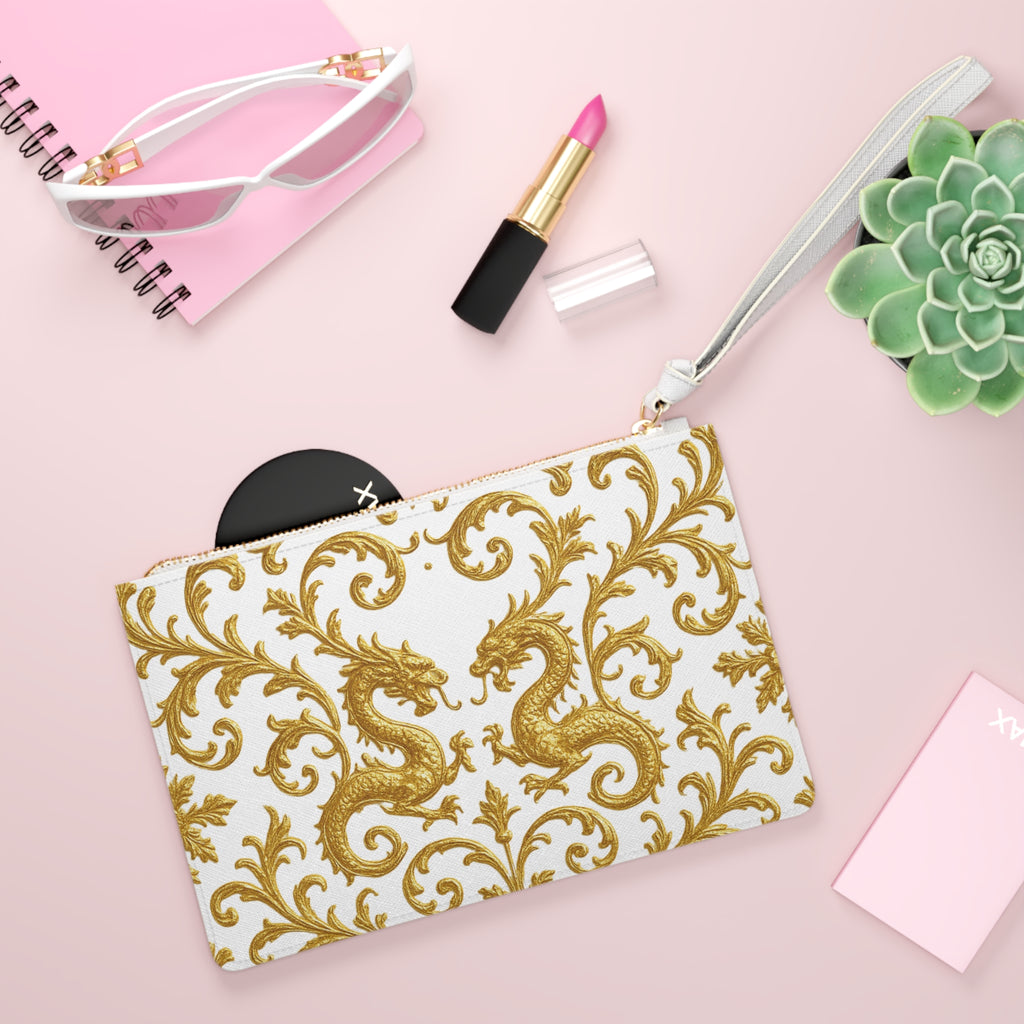 Ivory Gold Dragon Baroque Clutch Bag — Elegant Wristlet Pouch for Special Occasions