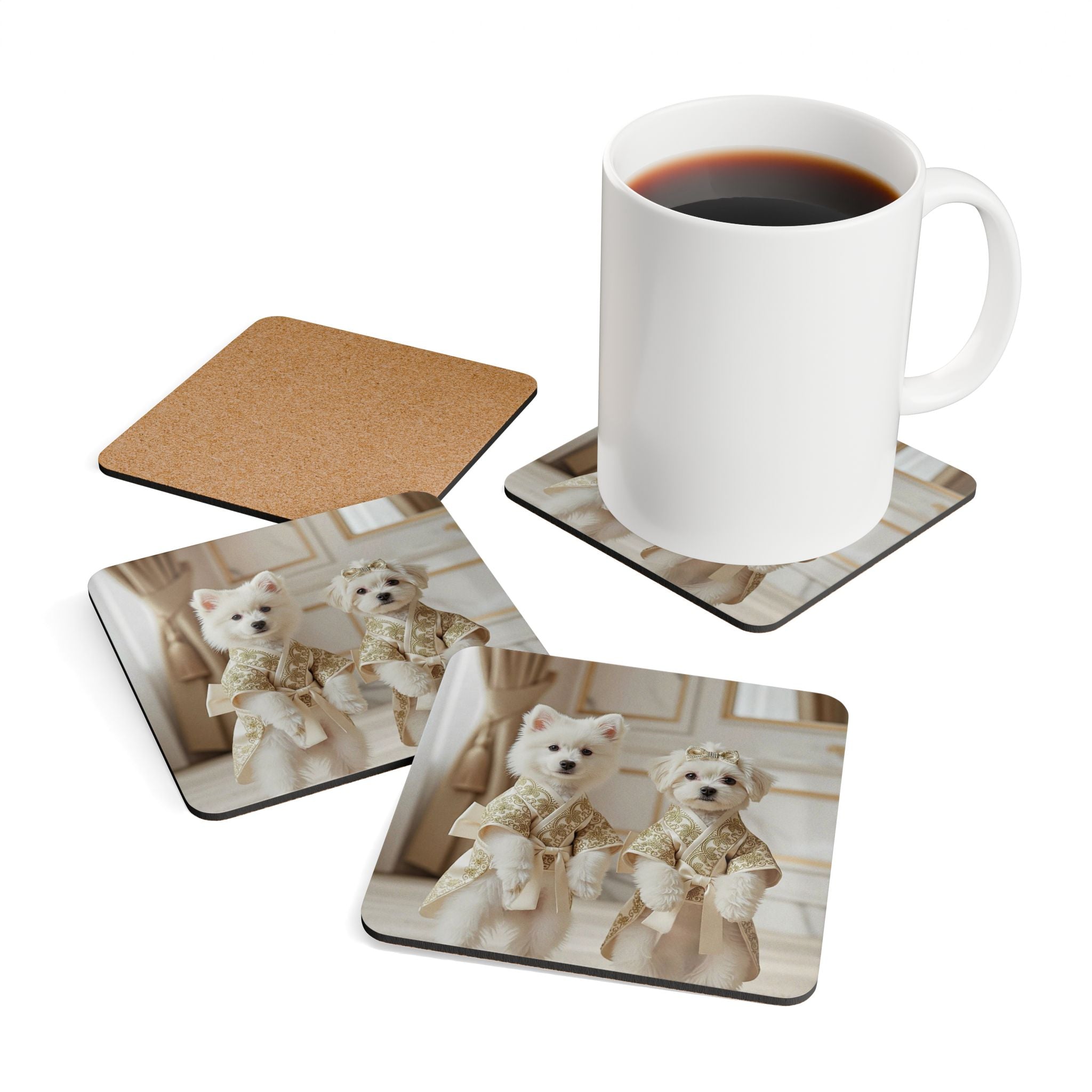 Luxury Puppy Corkwood Coaster Set – Elegant Dog Art Drink Coasters